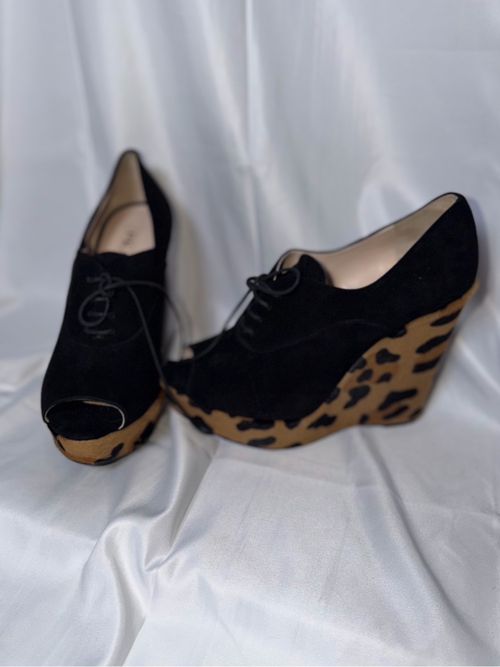 Prada Black Suede Peep-Toe Lace-Up Wedges with Leopard-Print Platform